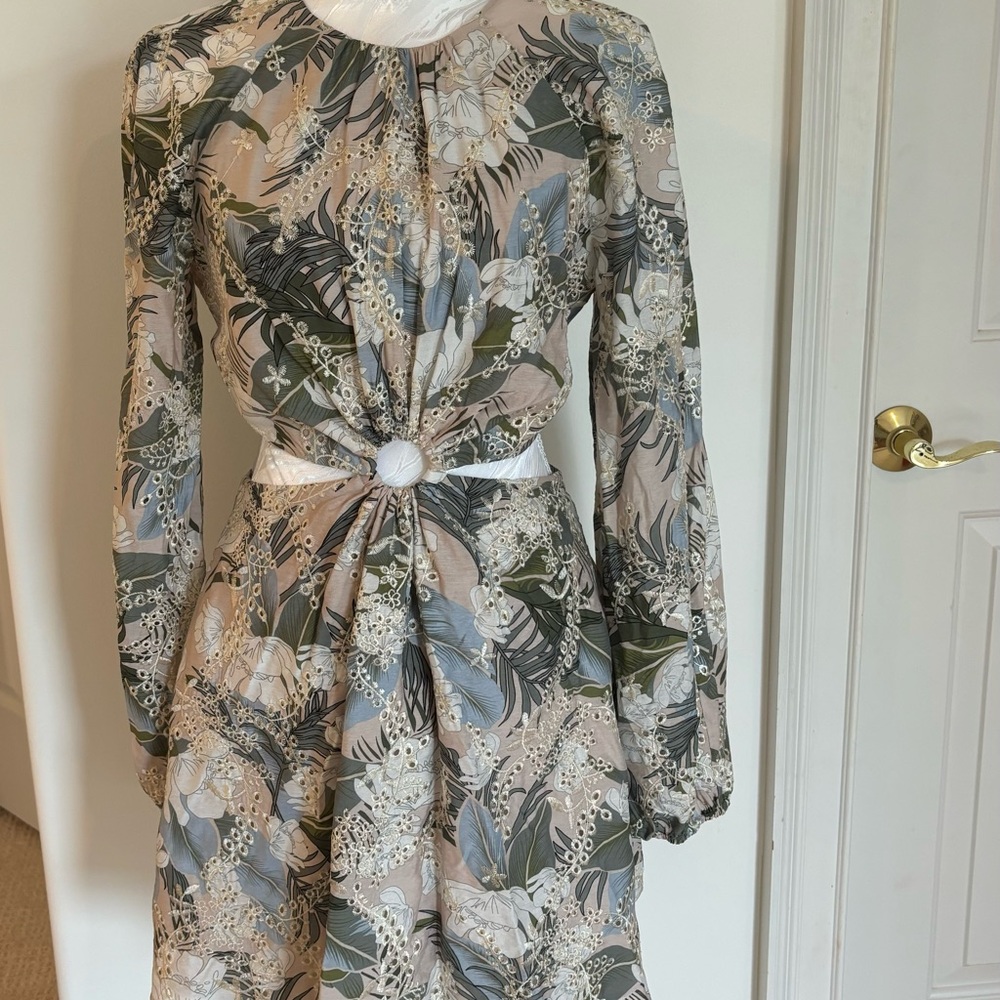 Gianni Bini Gray and Brown A-Line Dress with Bishop Sleeves